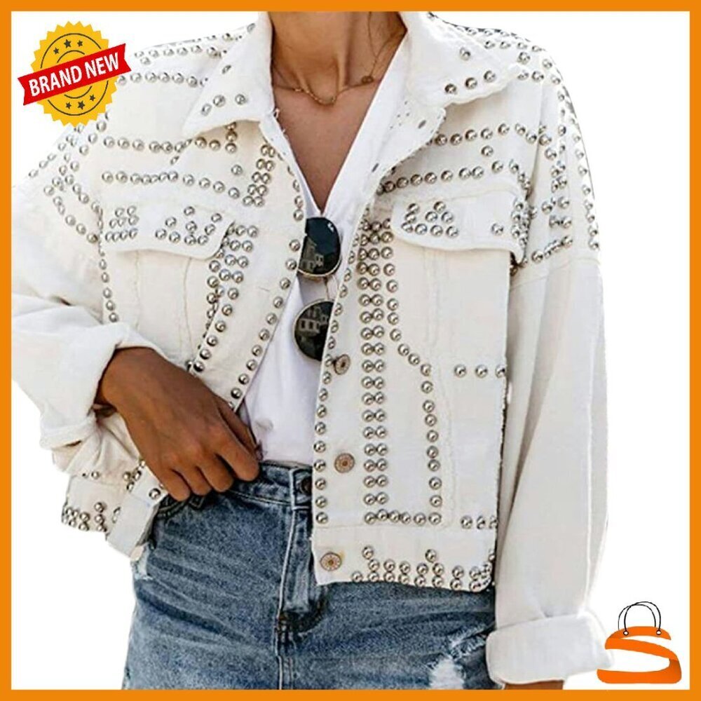 Distressed Denim Jacket with Studs Fringe Western Crop Trucker